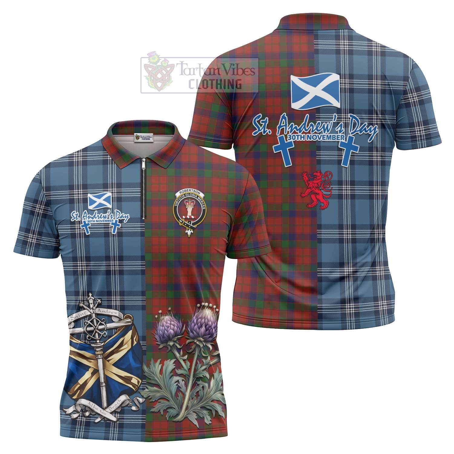 Tartan Vibes Clothing Robertson Tartan Zipper Polo Shirt Happy St. Andrew's Day Half Tartan Style