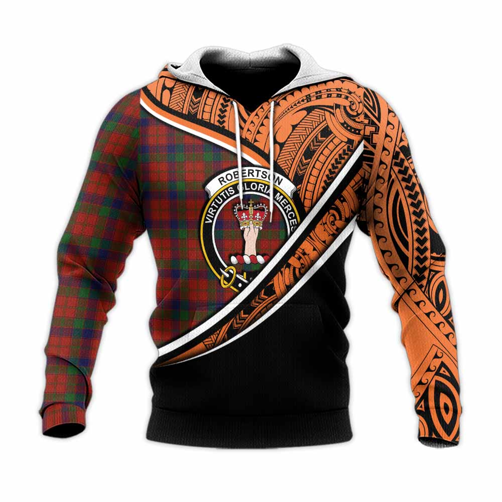 Tartan Vibes Clothing Robertson Crest Tartan Knitted Hoodie with Maori Tattoo Style - Orange Version