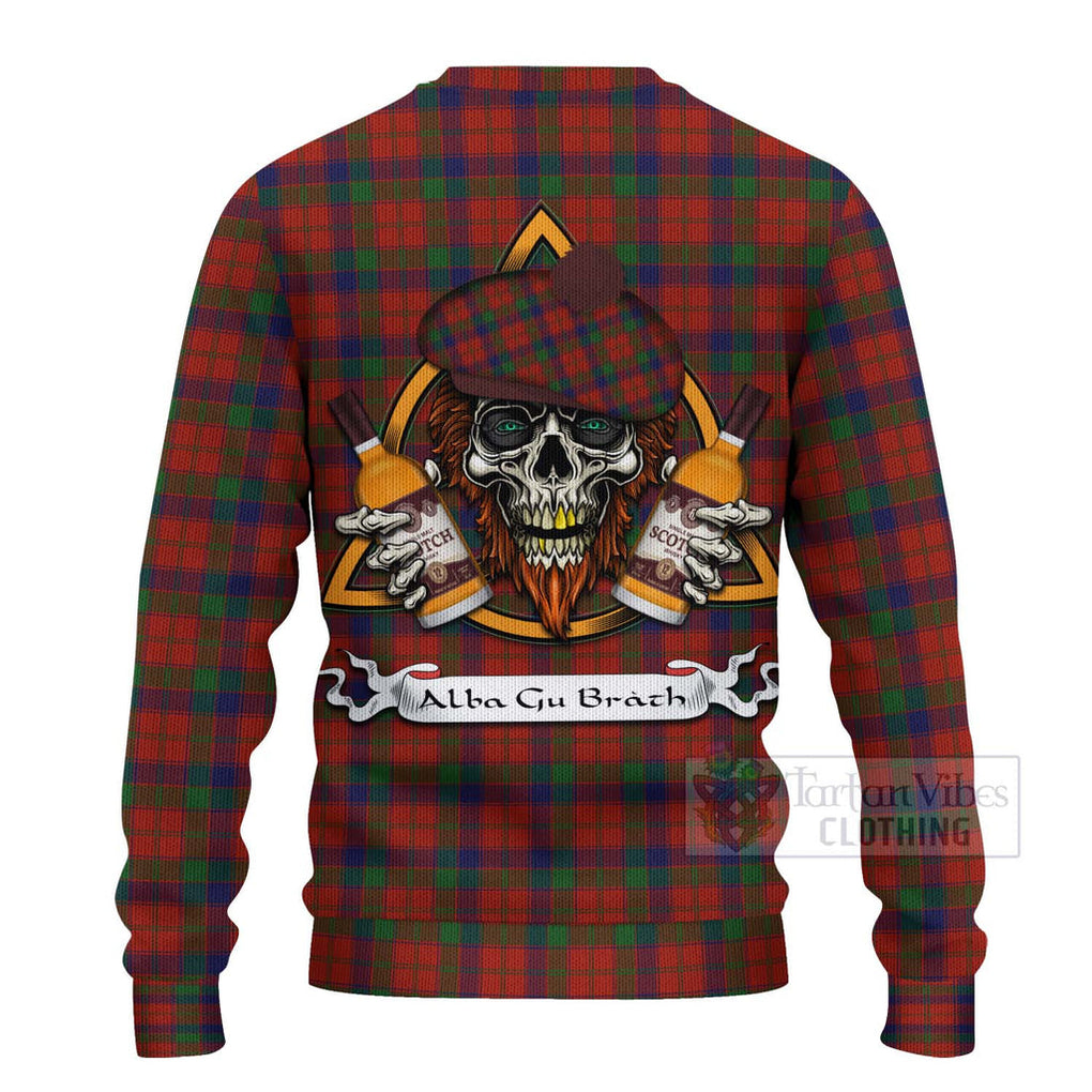 Tartan Vibes Clothing Robertson Tartan Knitted Sweater with Family Crest and Bearded Skull Holding Bottles of Whiskey