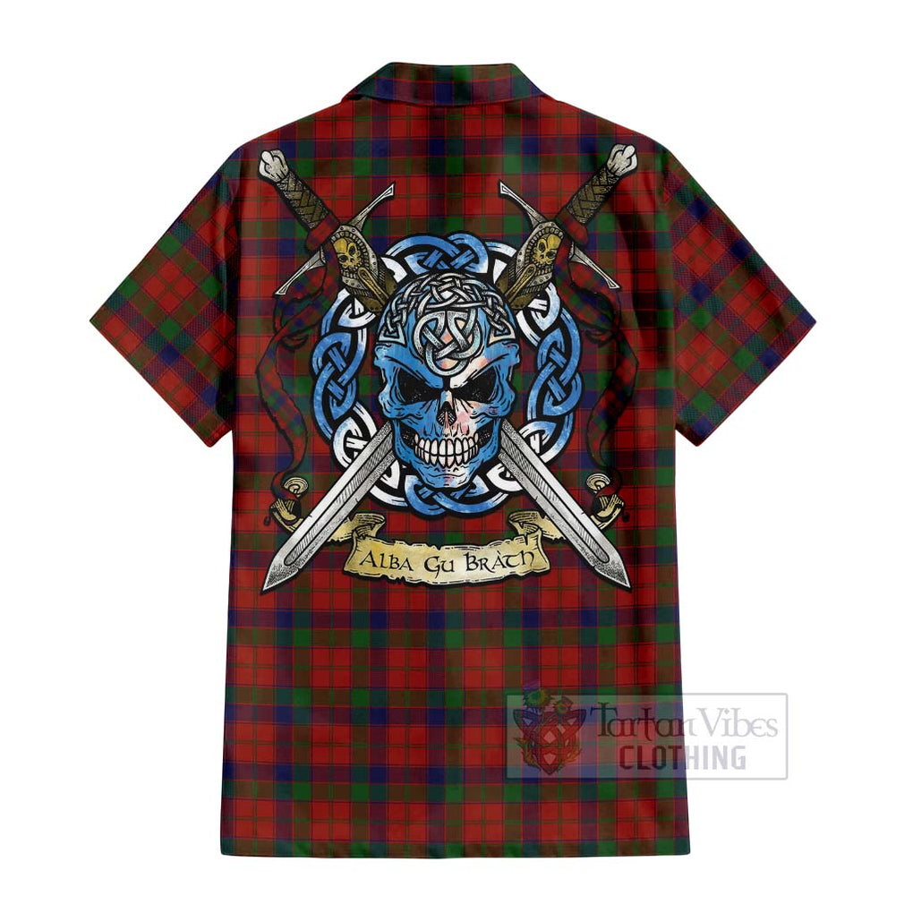 Tartan Vibes Clothing Robertson Tartan Short Sleeve Button Shirt with Family Crest Celtic Skull Style