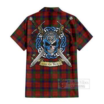 Robertson Tartan Short Sleeve Button Shirt with Family Crest Celtic Skull Style