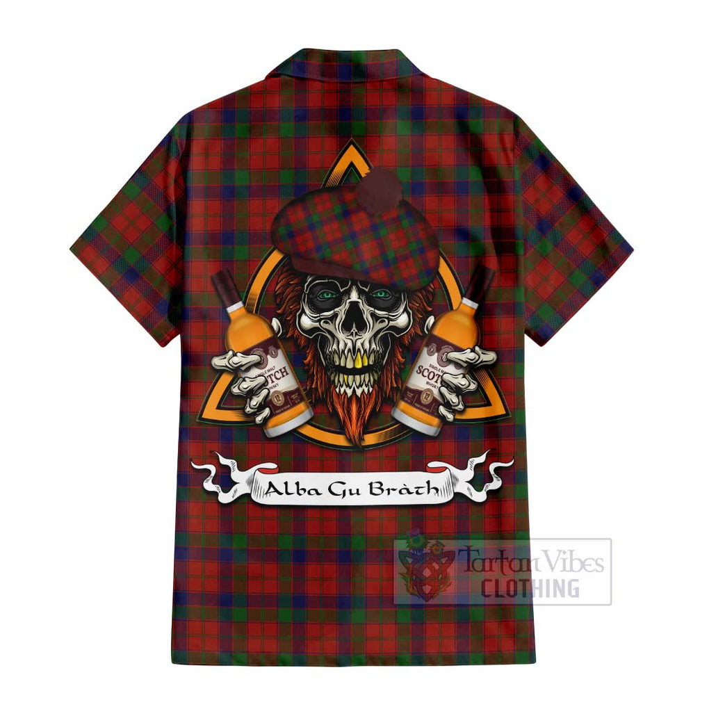 Tartan Vibes Clothing Robertson Tartan Short Sleeve Button Shirt with Family Crest and Bearded Skull Holding Bottles of Whiskey