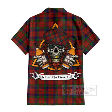 Robertson Tartan Short Sleeve Button Shirt with Family Crest and Bearded Skull Holding Bottles of Whiskey