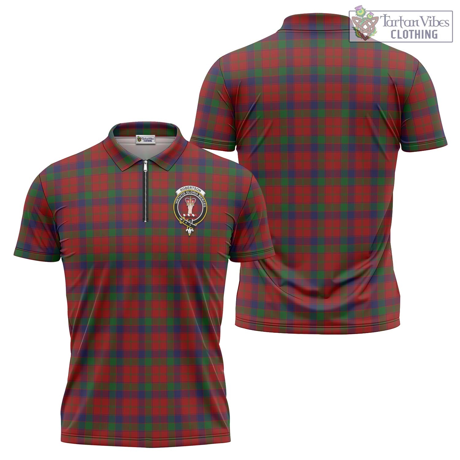 Tartan Vibes Clothing Robertson Tartan Zipper Polo Shirt with Family Crest