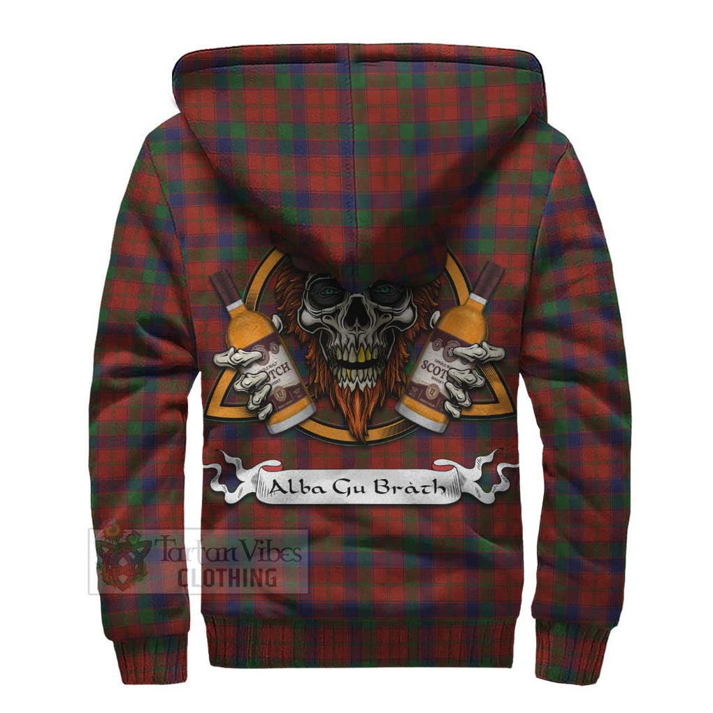 Tartan Vibes Clothing Robertson Tartan Sherpa Hoodie with Family Crest and Bearded Skull Holding Bottles of Whiskey