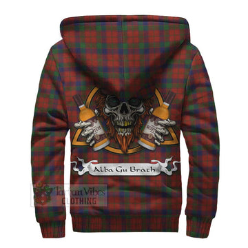 Robertson Tartan Sherpa Hoodie with Family Crest and Bearded Skull Holding Bottles of Whiskey