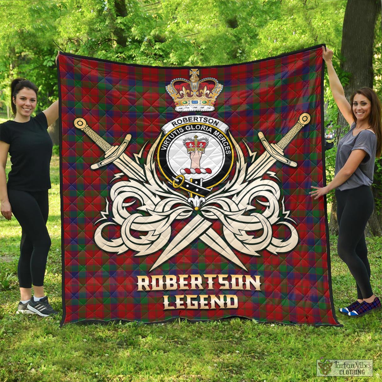 Tartan Vibes Clothing Robertson Tartan Quilt with Clan Crest and the Golden Sword of Courageous Legacy