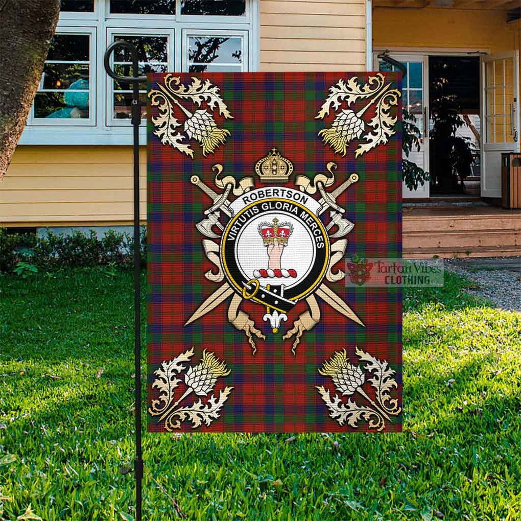 Tartan Vibes Clothing Robertson Tartan Flag with Family Crest and Golden Thistle Crossed Sword Design