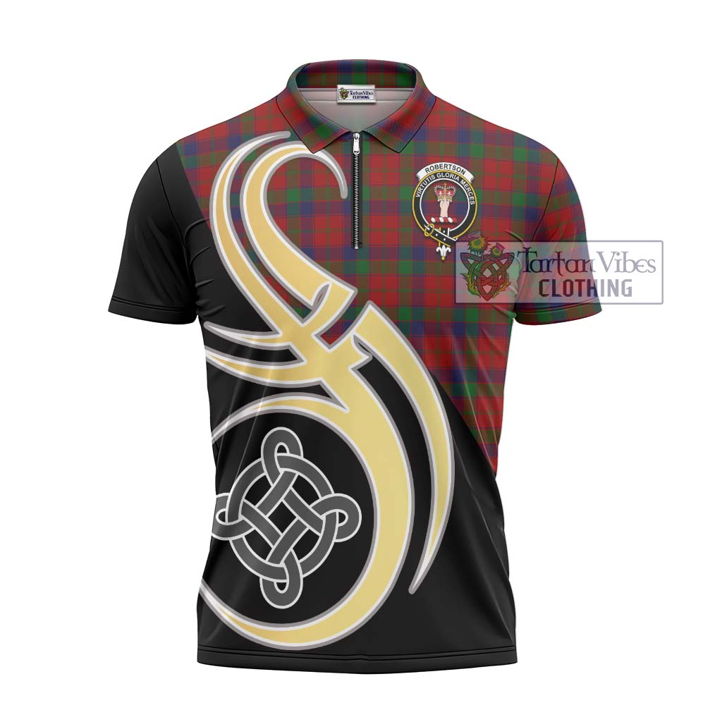 Tartan Vibes Clothing Robertson Tartan Zipper Polo Shirt with Family Crest and Celtic Symbol Style