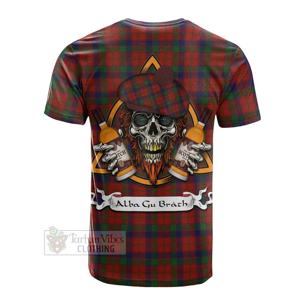 Tartan Vibes Clothing Robertson Tartan Cotton T-shirt with Family Crest and Bearded Skull Holding Bottles of Whiskey