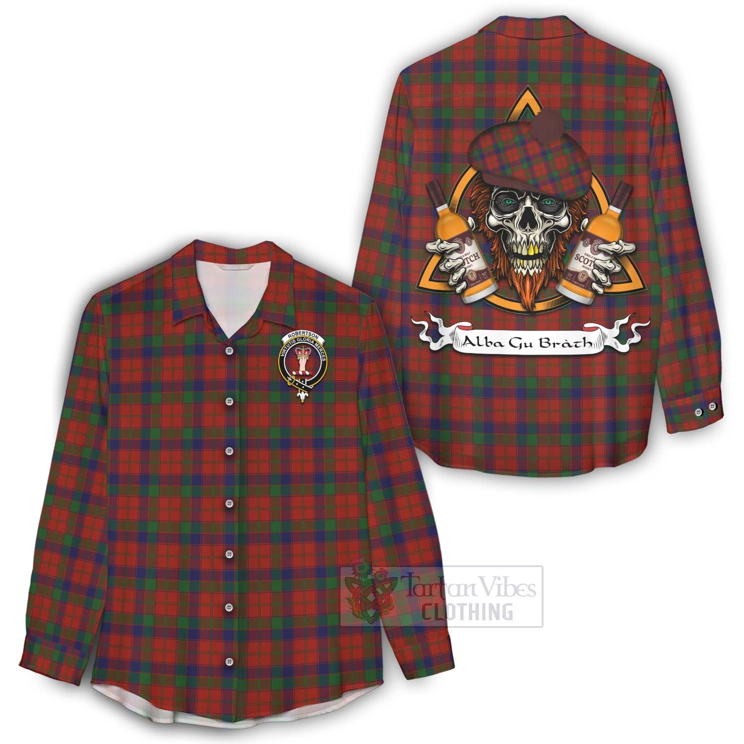 Tartan Vibes Clothing Robertson Tartan Women's Casual Shirt with Family Crest and Bearded Skull Holding Bottles of Whiskey