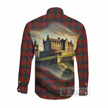 Robertson Tartan Family Crest Long Sleeve Button Shirt with Scottish Ancient Castle Style Men's Shirt - Tartan Vibes Clothing