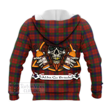 Robertson Tartan Knitted Hoodie with Family Crest and Bearded Skull Holding Bottles of Whiskey