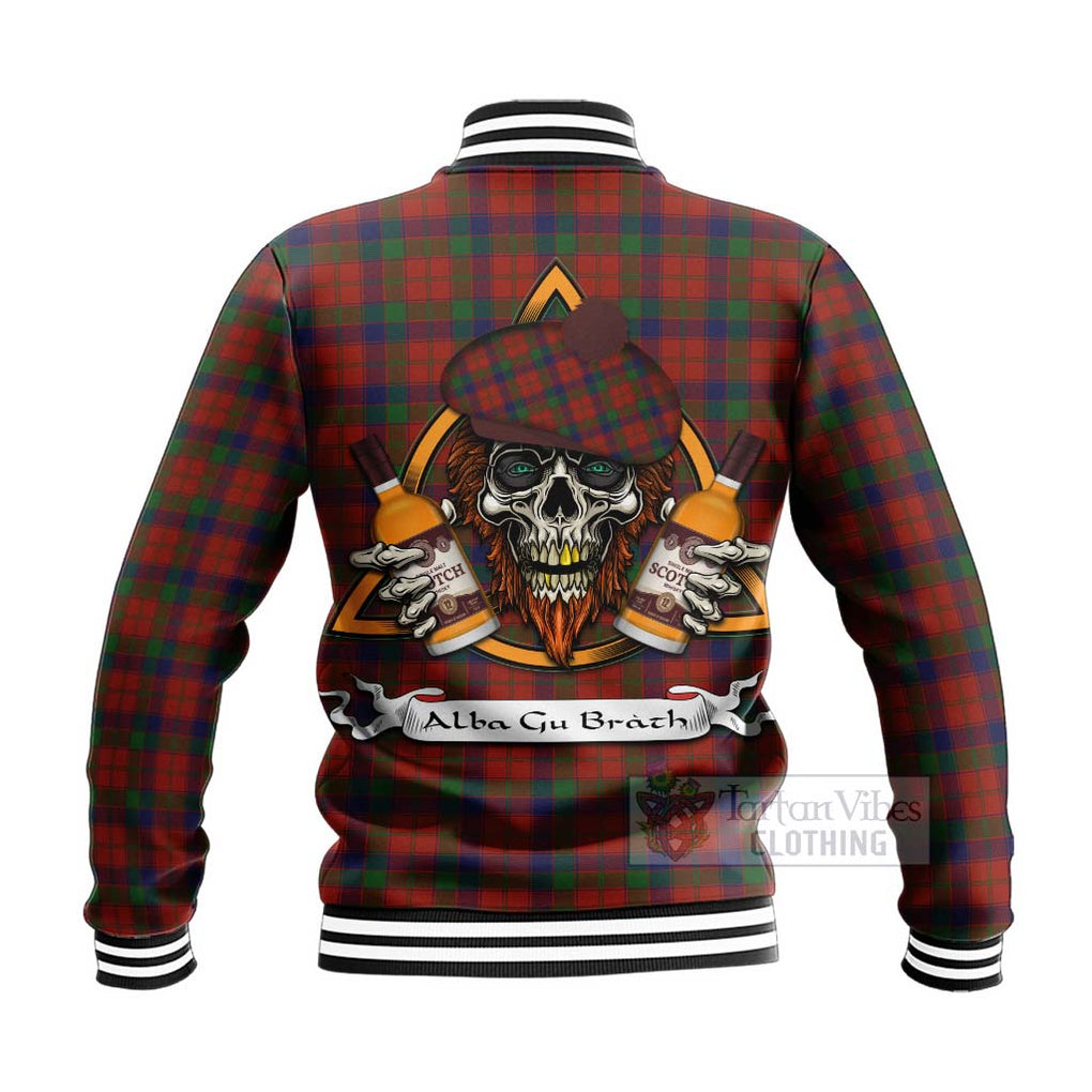 Tartan Vibes Clothing Robertson Tartan Baseball Jacket with Family Crest and Bearded Skull Holding Bottles of Whiskey