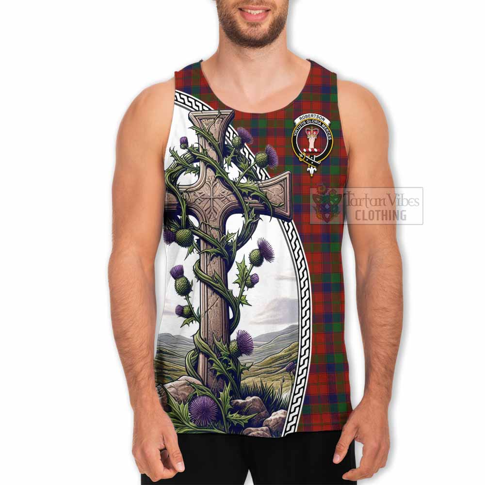 Tartan Vibes Clothing Robertson Tartan Men's Tank Top with Family Crest and St. Andrew's Cross Accented by Thistle Vines