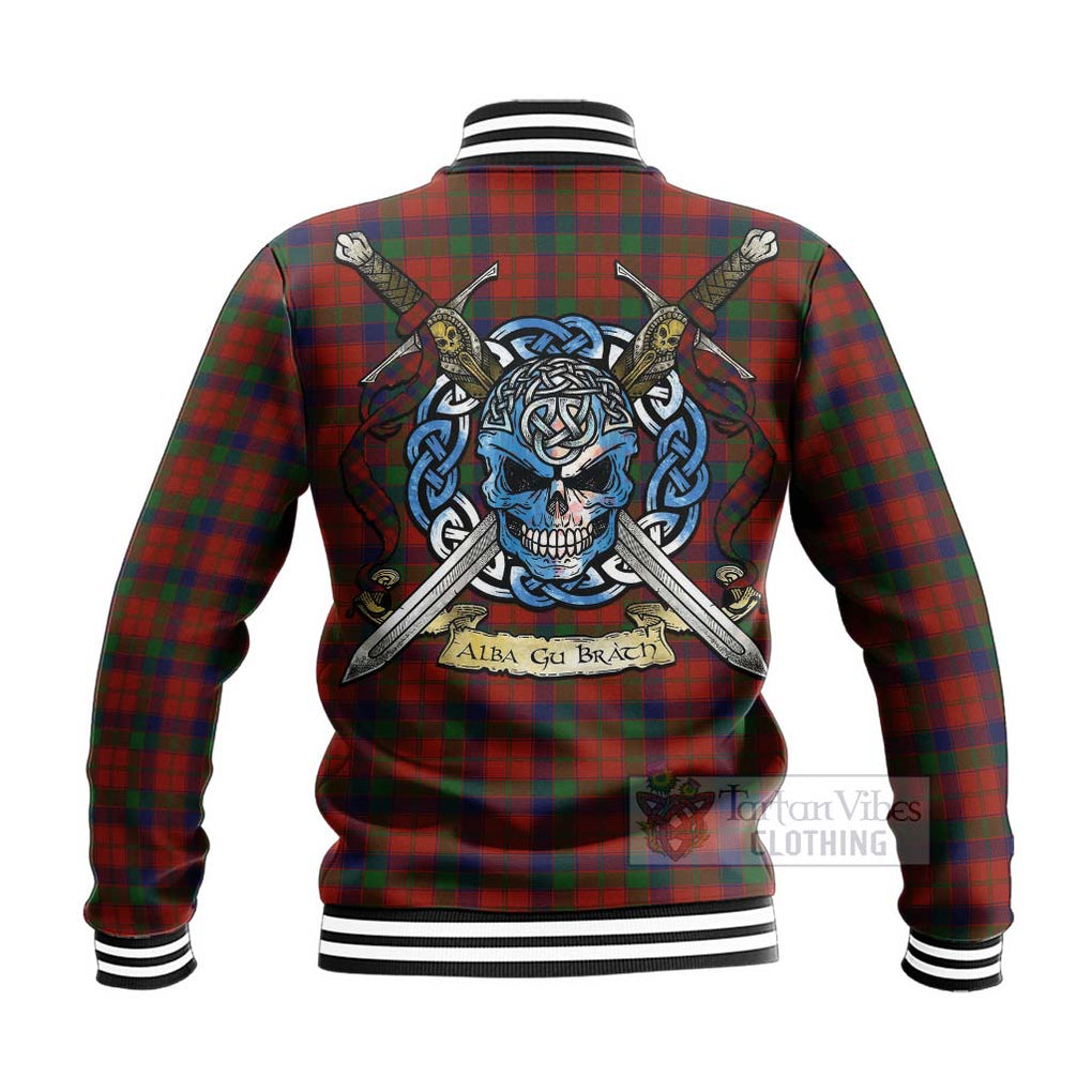 Tartan Vibes Clothing Robertson Tartan Baseball Jacket with Family Crest Celtic Skull Style