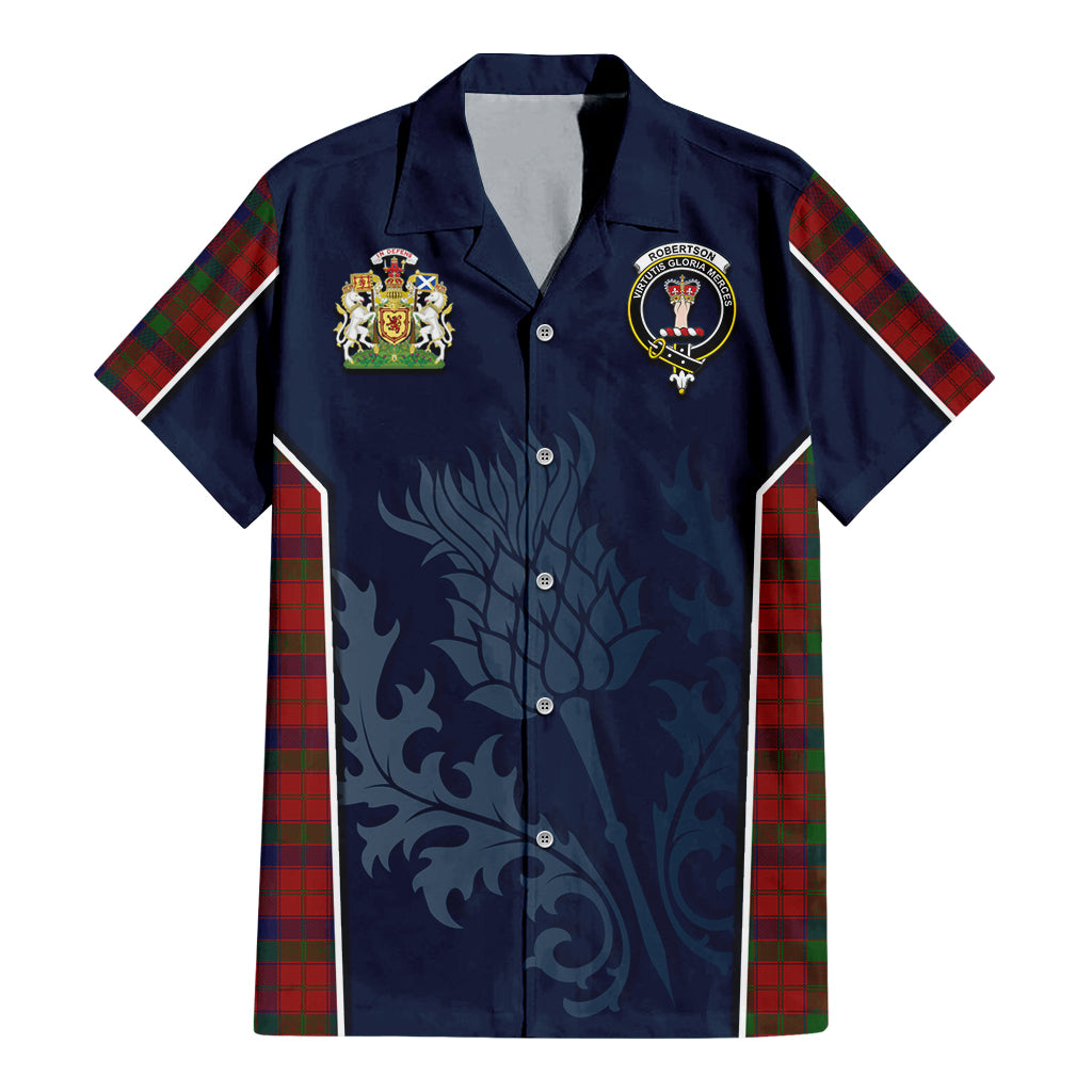 Tartan Vibes Clothing Robertson Tartan Short Sleeve Button Up Shirt with Family Crest and Scottish Thistle Vibes Sport Style