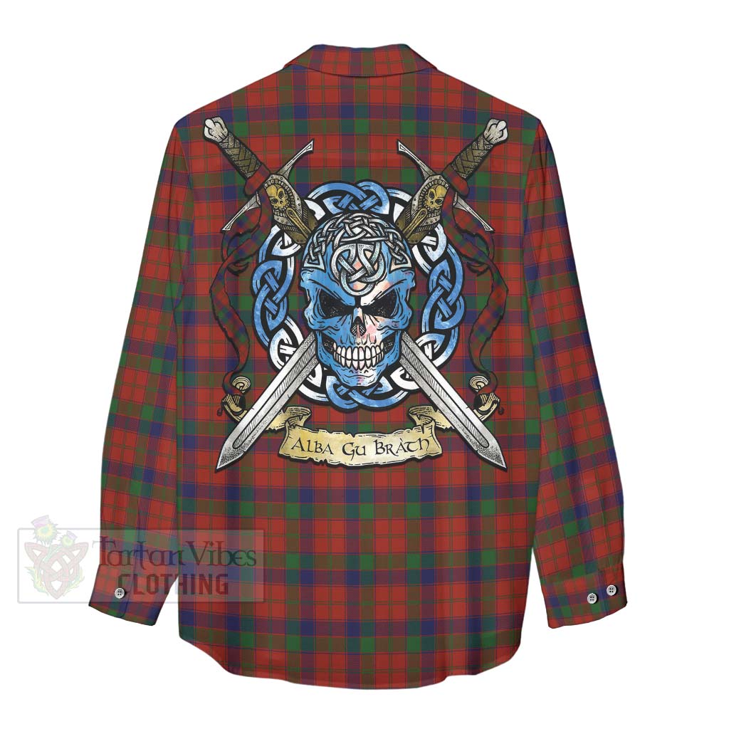 Tartan Vibes Clothing Robertson Tartan Women's Casual Shirt with Family Crest Celtic Skull Style