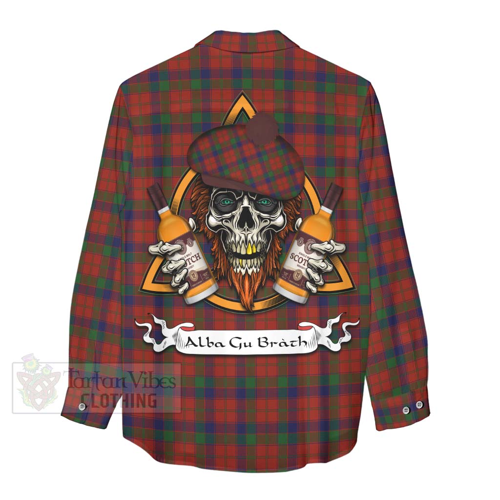 Tartan Vibes Clothing Robertson Tartan Women's Casual Shirt with Family Crest and Bearded Skull Holding Bottles of Whiskey