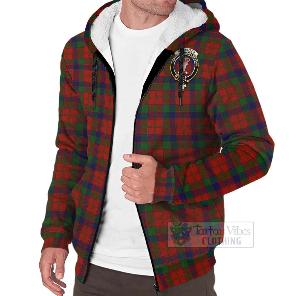 Tartan Vibes Clothing Robertson Tartan Sherpa Hoodie with Family Crest and Bearded Skull Holding Bottles of Whiskey