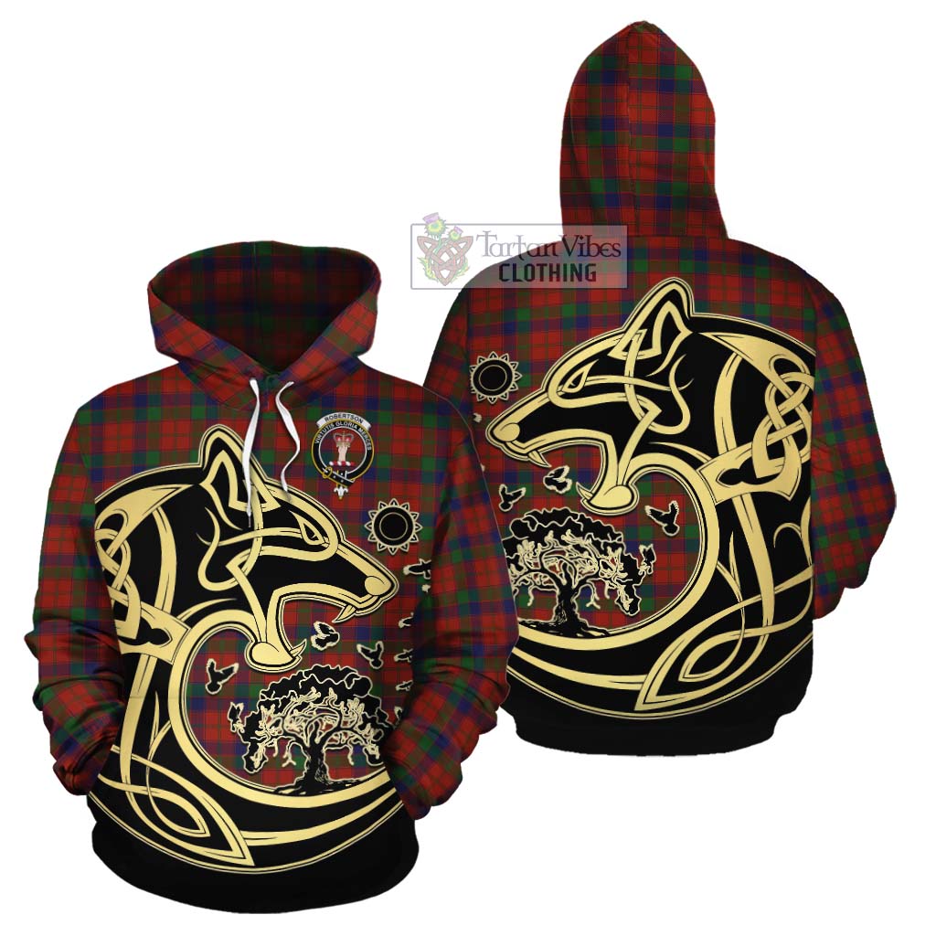 Tartan Vibes Clothing Robertson Tartan Cotton Hoodie with Family Crest Celtic Wolf Style