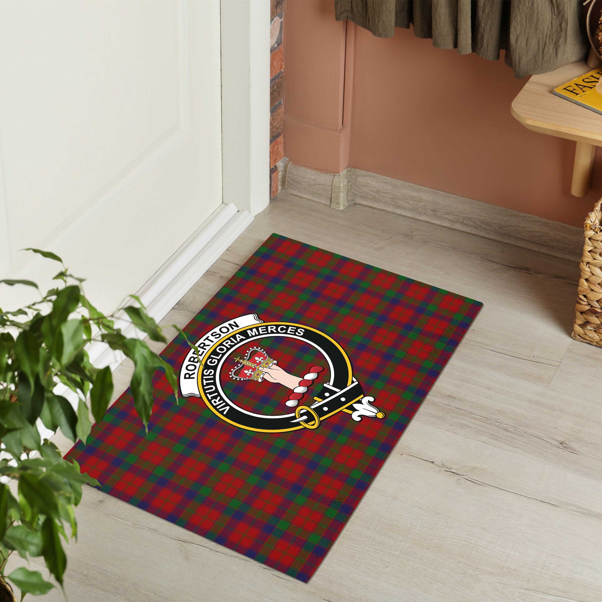 Robertson Tartan Door Mat with Family Crest - Tartanvibesclothing Shop