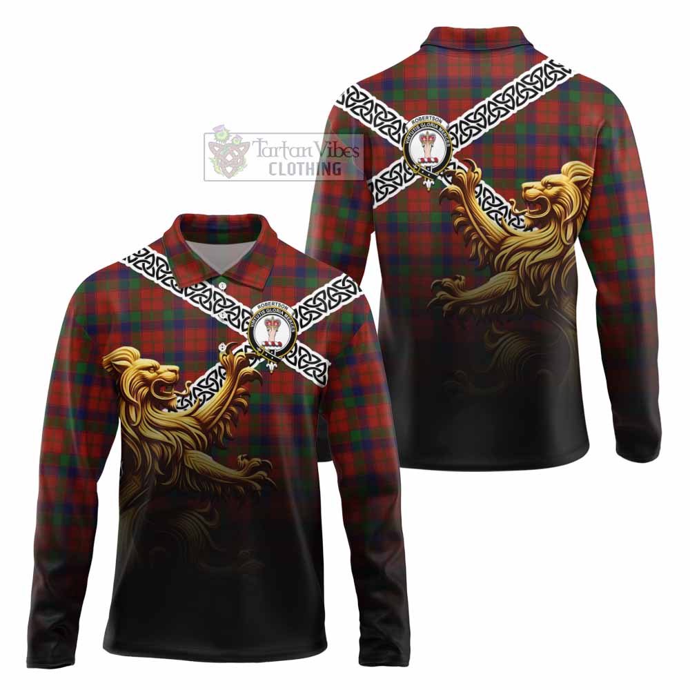 Robertson Crest Tartan Long Sleeve Polo Shirt with Golden Lion Emblem Celtic Style - Tartan Vibes Clothing