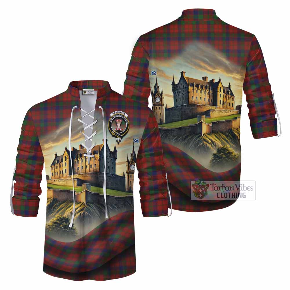 Robertson Tartan Family Crest Ghillie Kilt Shirt with Scottish Ancient Castle Style - Tartan Vibes Clothing