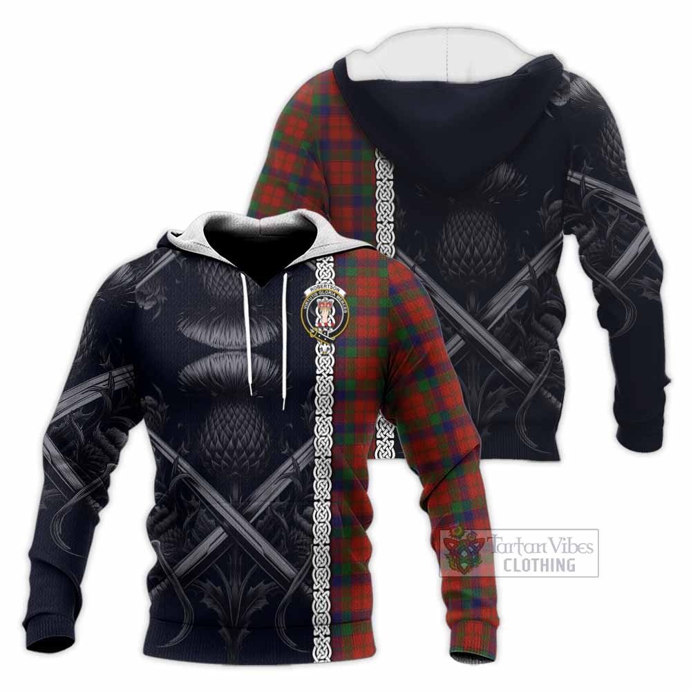 Robertson Tartan Knitted Hoodie with Family Crest Cross Sword Thistle Celtic Vibes - Tartan Vibes Clothing