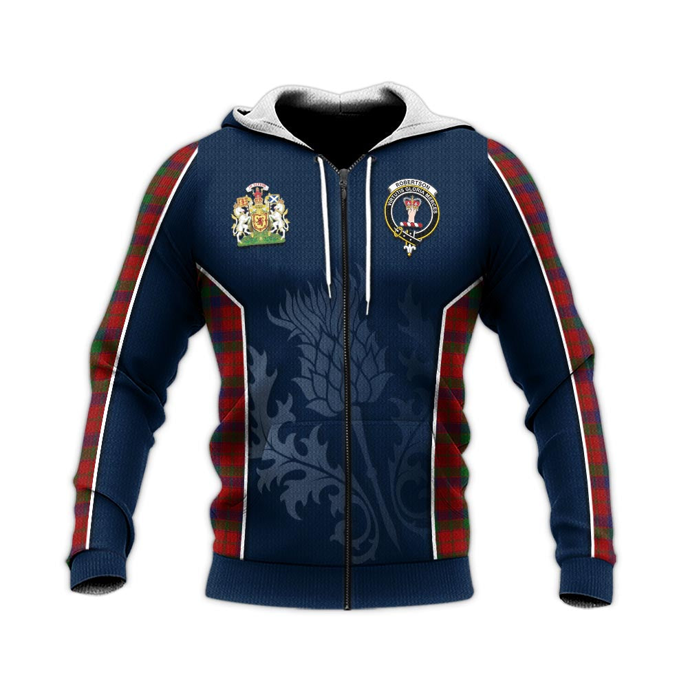 Tartan Vibes Clothing Robertson Tartan Knitted Hoodie with Family Crest and Scottish Thistle Vibes Sport Style