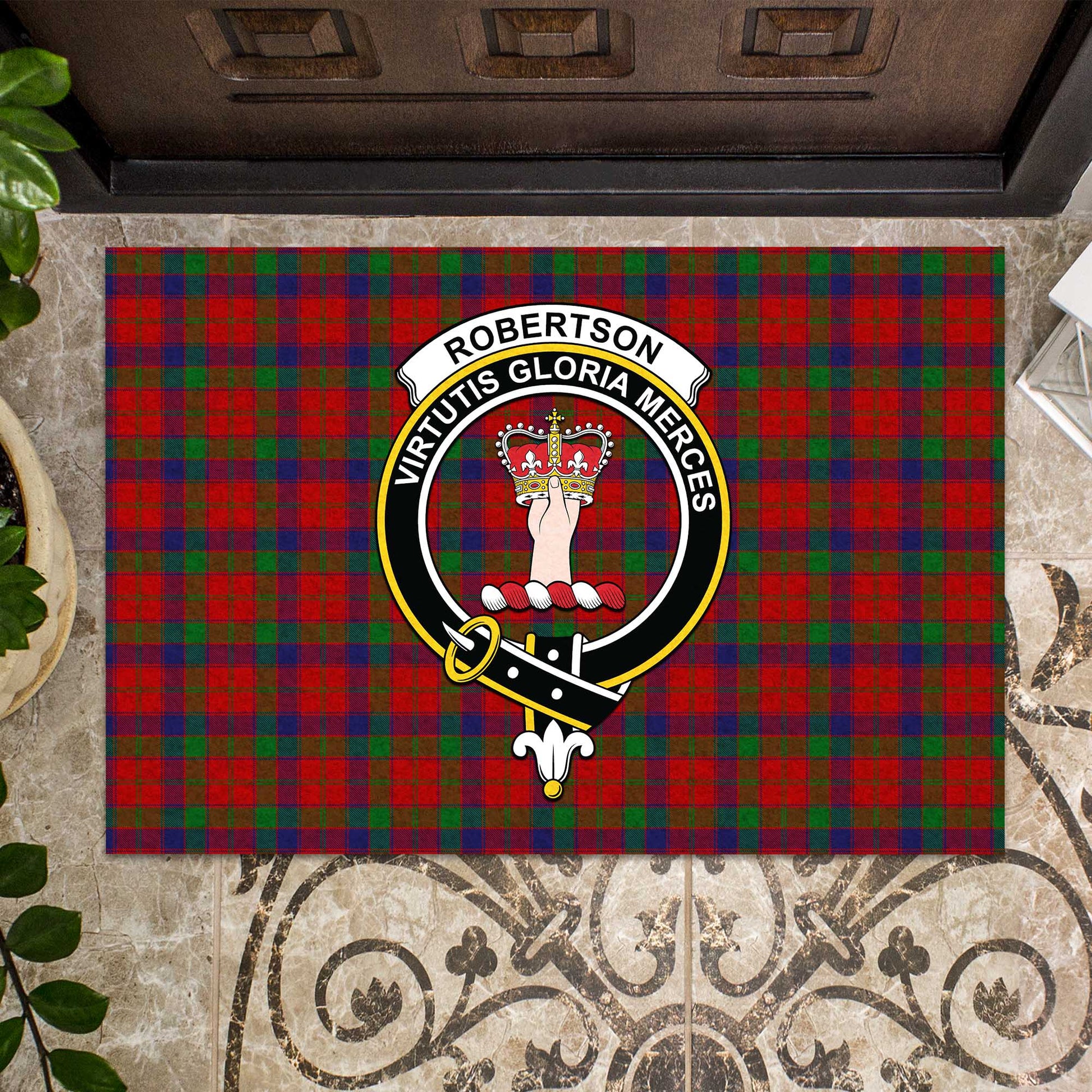 Robertson Tartan Door Mat with Family Crest - Tartanvibesclothing Shop