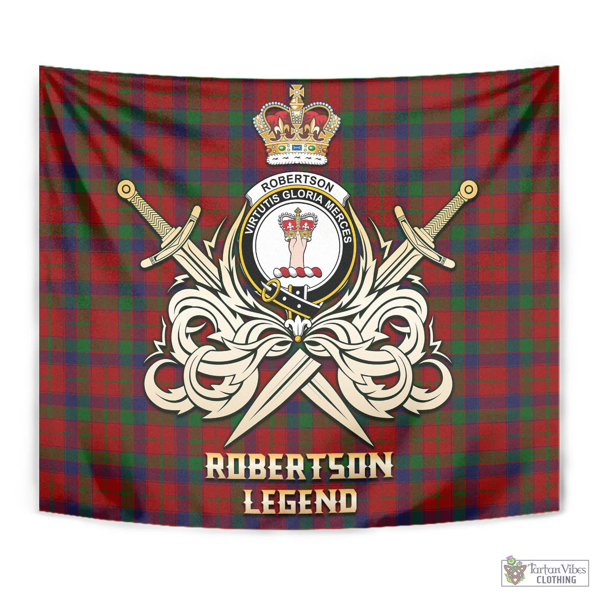 Tartan Vibes Clothing Robertson Tartan Tapestry with Clan Crest and the Golden Sword of Courageous Legacy