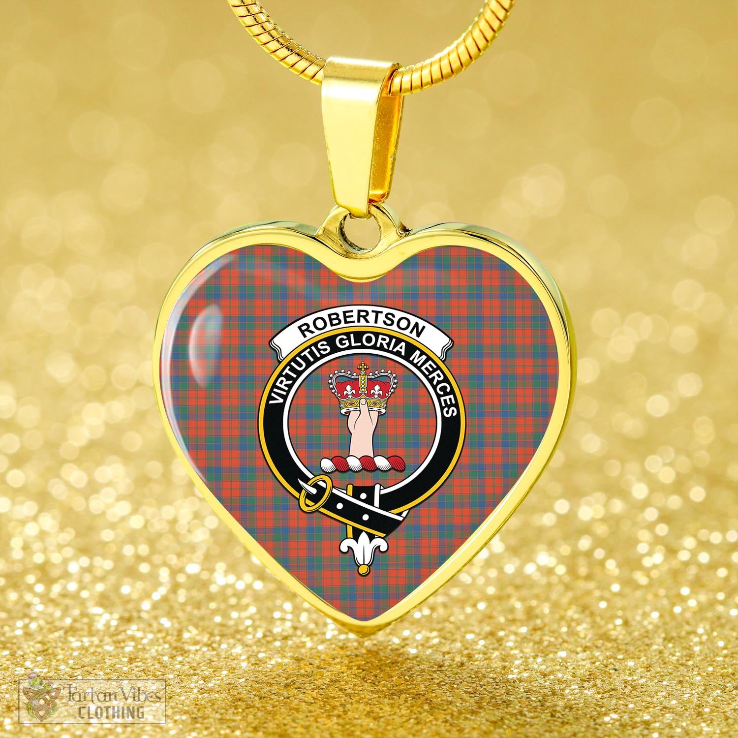 Tartan Vibes Clothing Robertson Ancient Tartan Heart Necklace with Family Crest