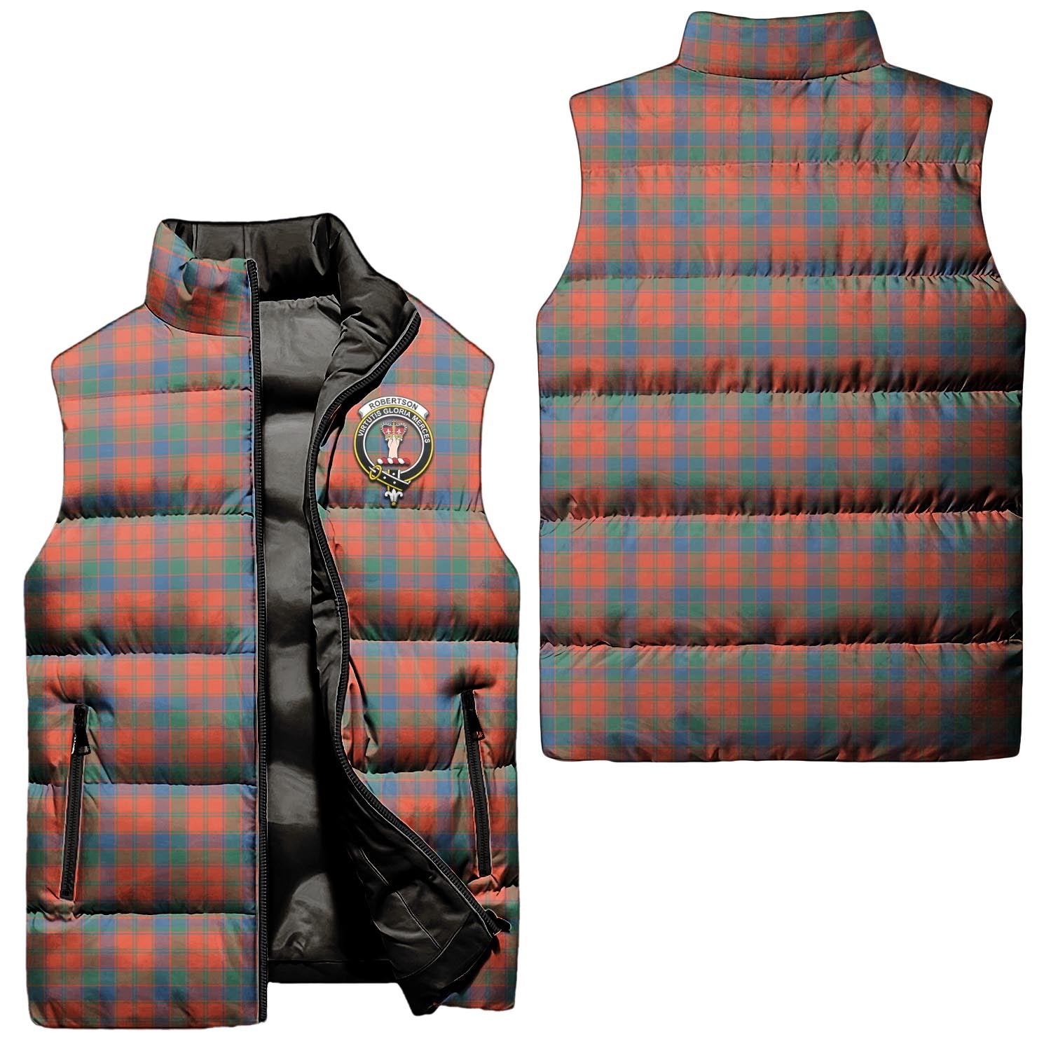 Robertson Ancient Tartan Sleeveless Puffer Jacket with Family Crest Unisex - Tartanvibesclothing