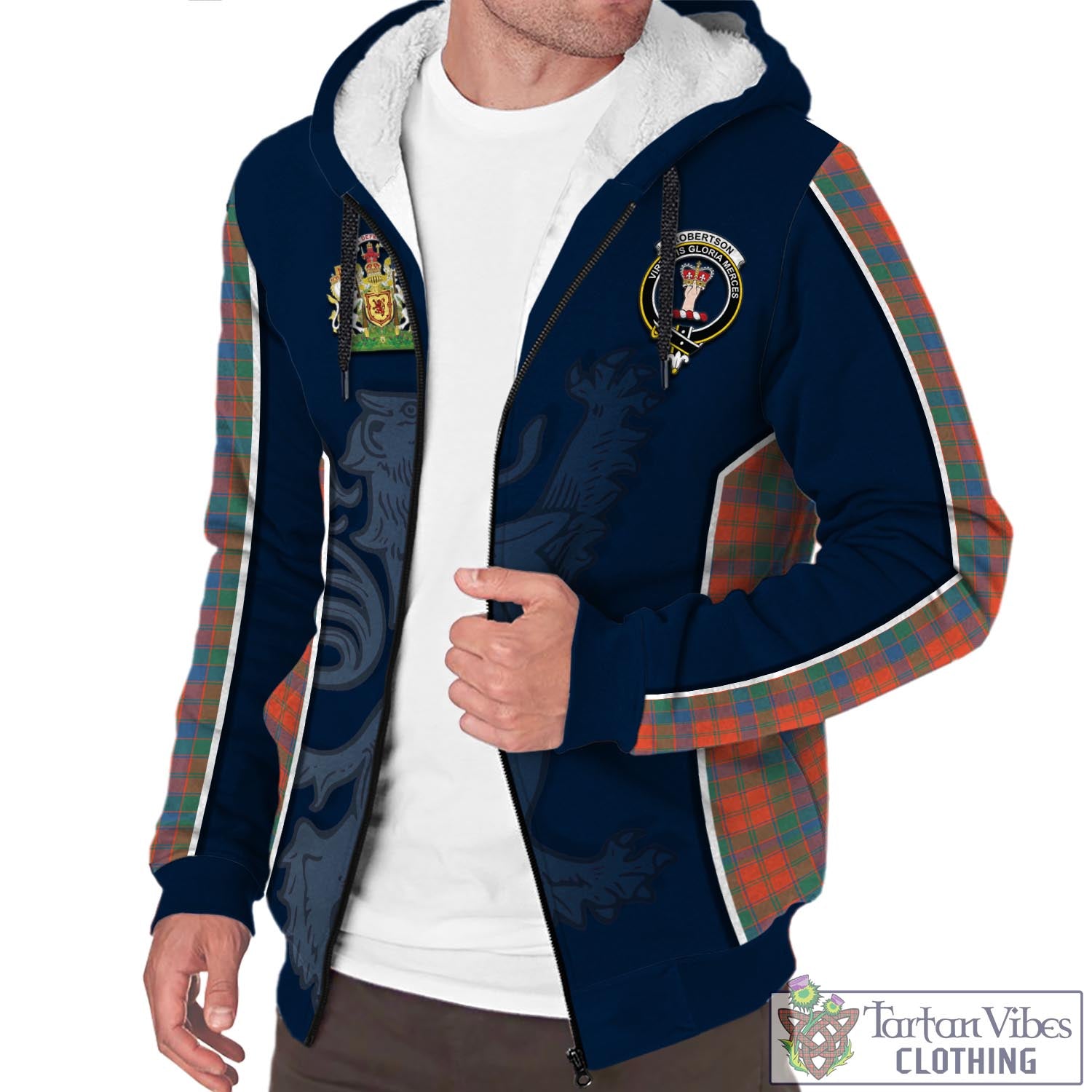 Tartan Vibes Clothing Robertson Ancient Tartan Sherpa Hoodie with Family Crest and Lion Rampant Vibes Sport Style