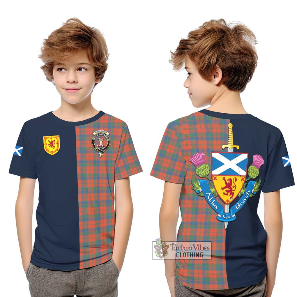 Tartan Vibes Clothing Robertson Ancient Tartan Kid T-Shirt with Scottish Lion Royal Arm Half Style