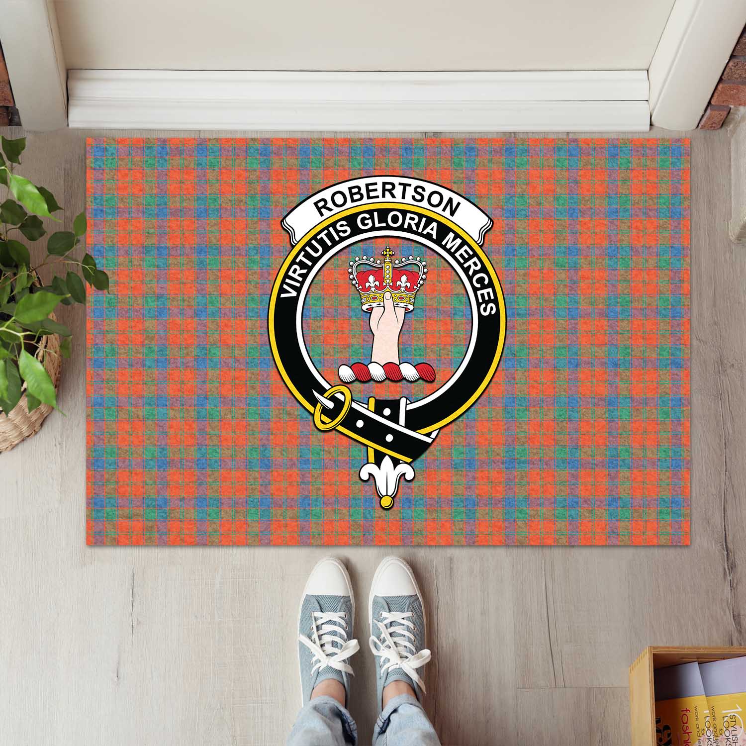 Robertson Ancient Tartan Door Mat with Family Crest - Tartanvibesclothing Shop