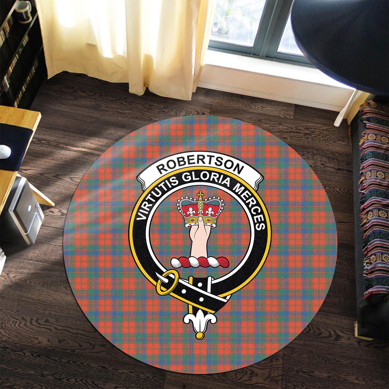 robertson-ancient-tartan-round-rug-with-family-crest