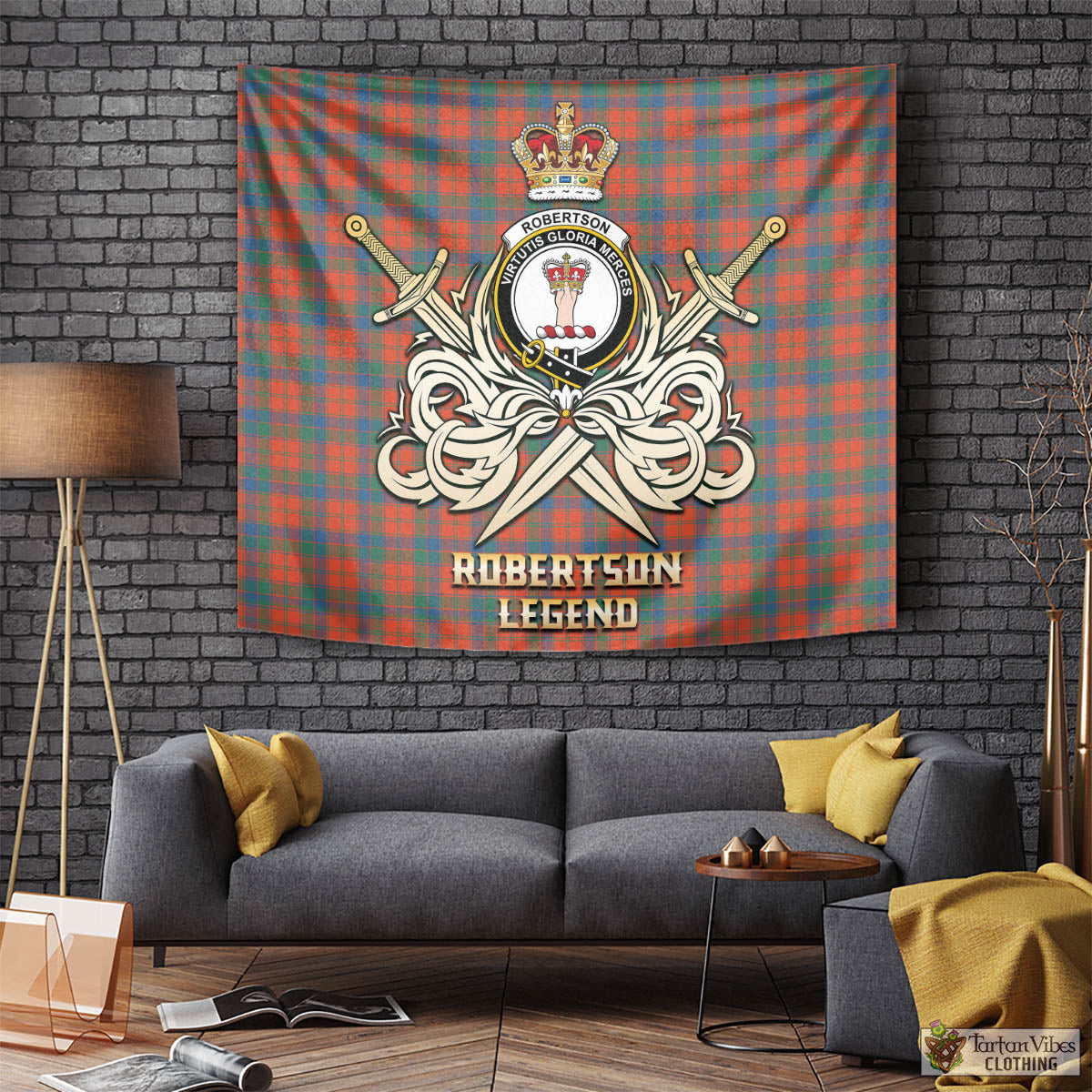 Tartan Vibes Clothing Robertson Ancient Tartan Tapestry with Clan Crest and the Golden Sword of Courageous Legacy