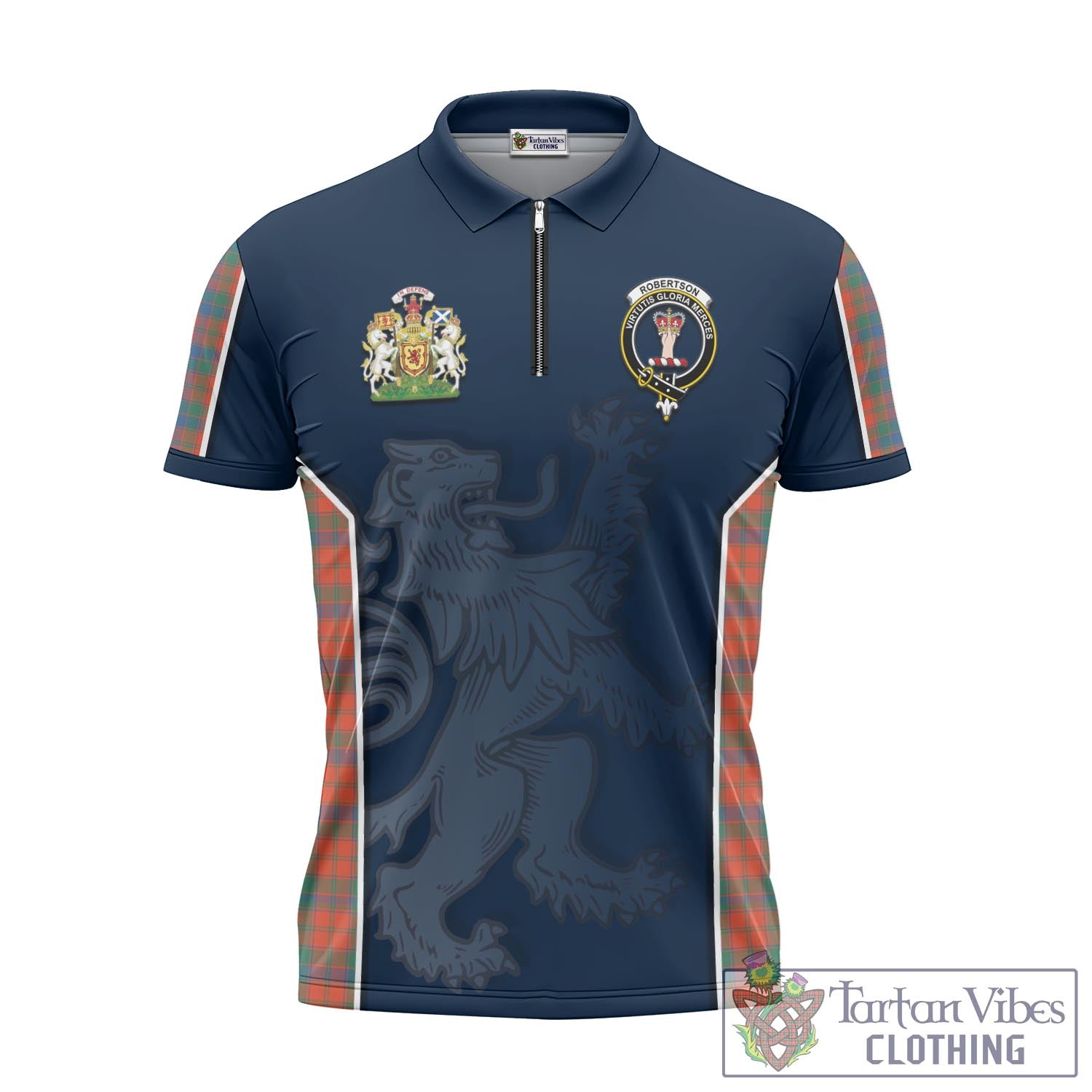 Tartan Vibes Clothing Robertson Ancient Tartan Zipper Polo Shirt with Family Crest and Lion Rampant Vibes Sport Style