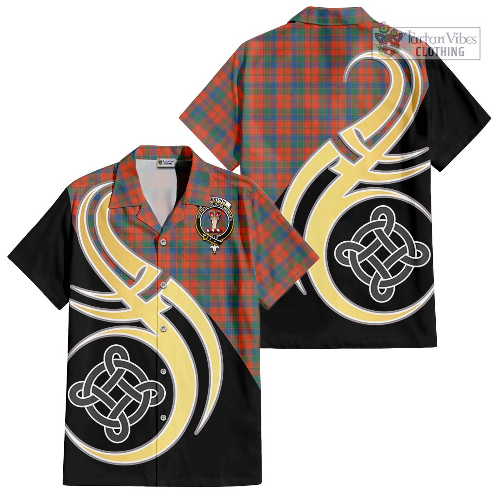 Robertson Ancient Tartan Short Sleeve Button Shirt with Family Crest and Celtic Symbol Style - Tartan Vibes Clothing