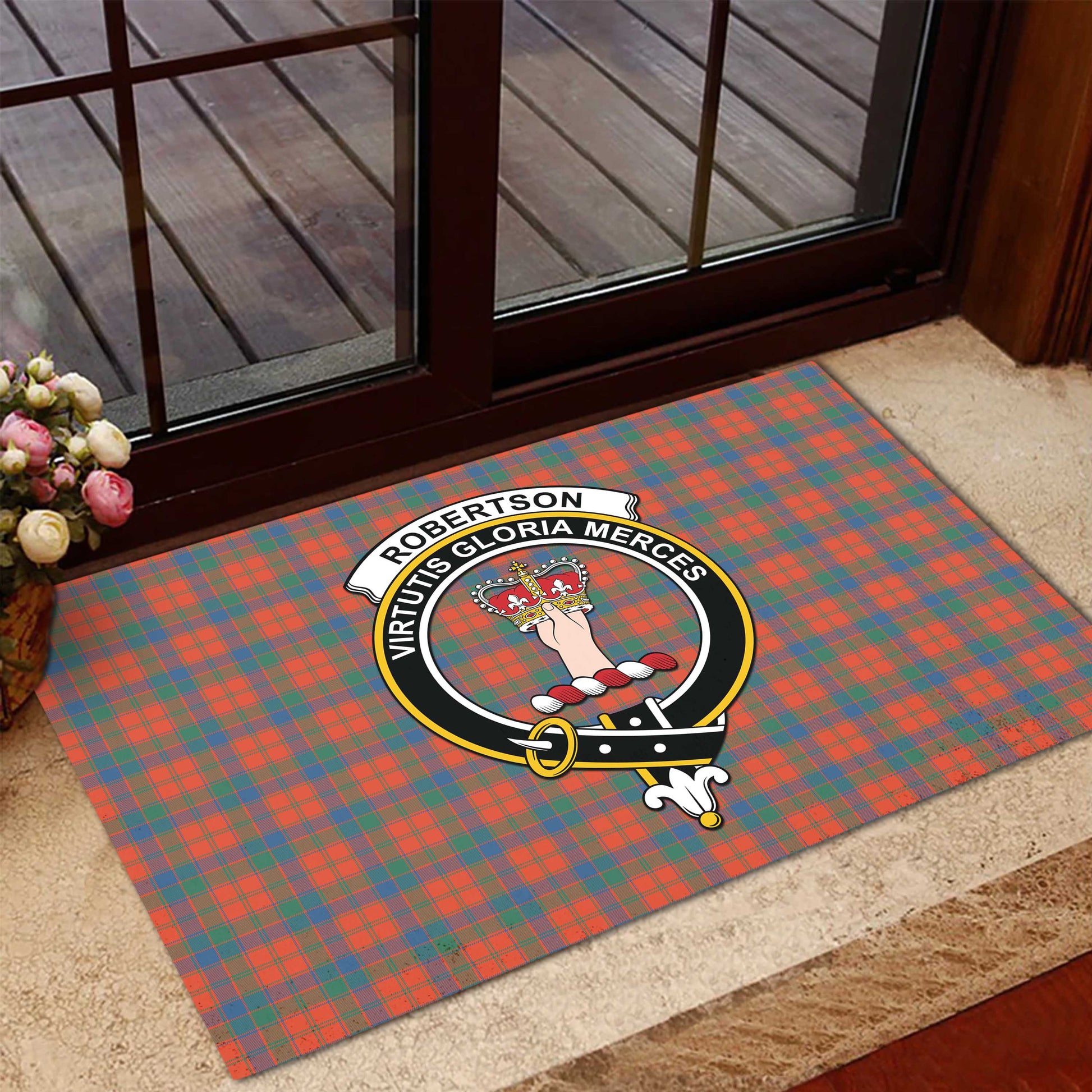 Robertson Ancient Tartan Door Mat with Family Crest - Tartanvibesclothing Shop