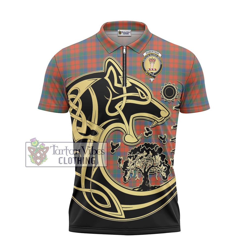 Robertson Ancient Tartan Zipper Polo Shirt with Family Crest Celtic Wolf Style - Tartanvibesclothing Shop