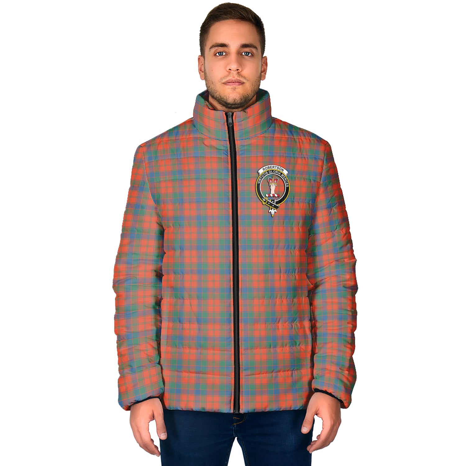 Robertson Ancient Tartan Padded Jacket with Family Crest - Tartan Vibes Clothing