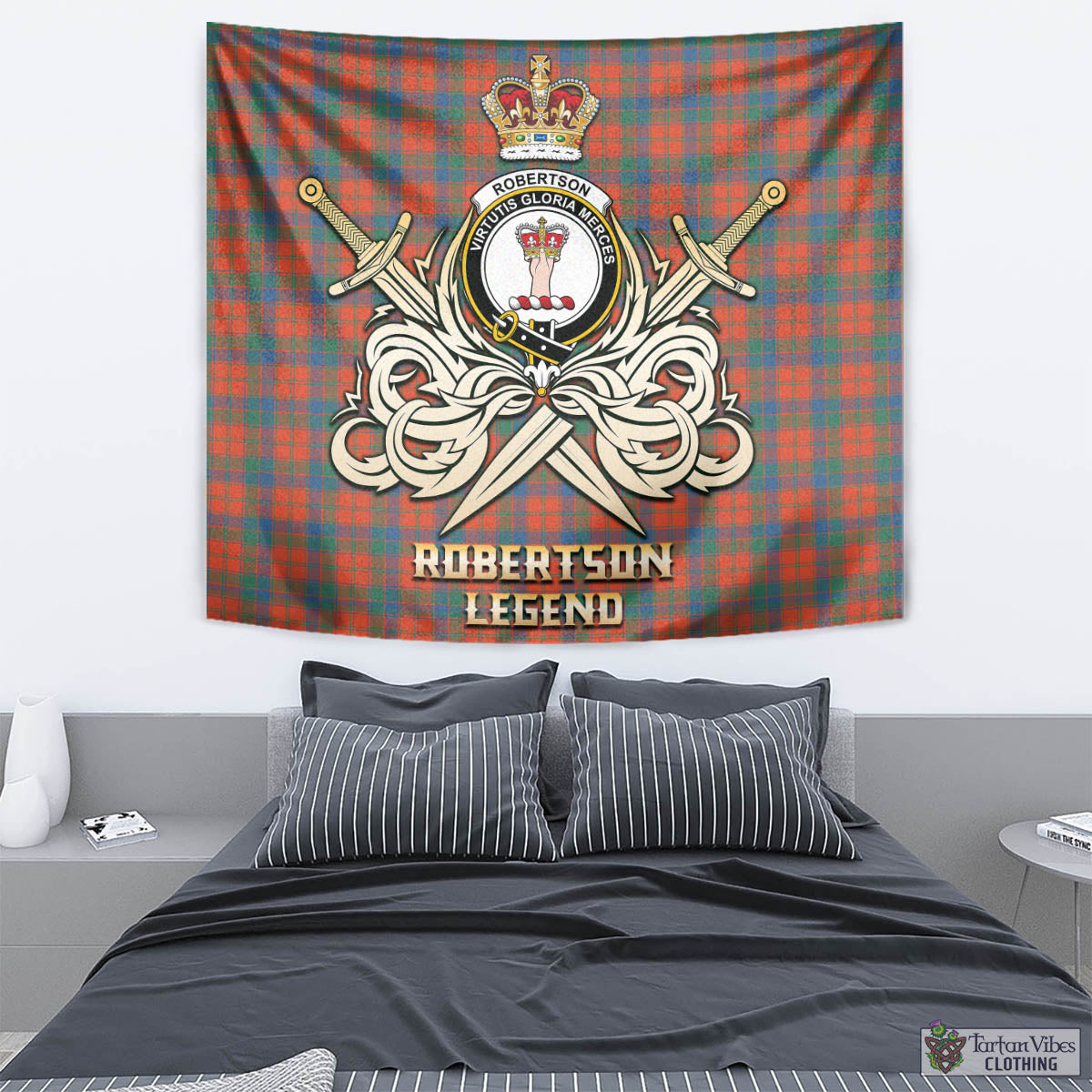 Tartan Vibes Clothing Robertson Ancient Tartan Tapestry with Clan Crest and the Golden Sword of Courageous Legacy