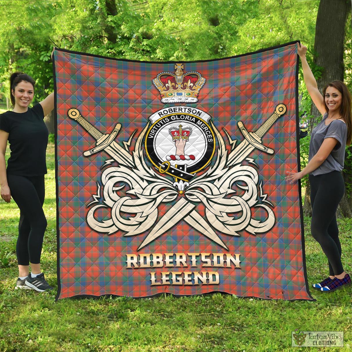 Tartan Vibes Clothing Robertson Ancient Tartan Quilt with Clan Crest and the Golden Sword of Courageous Legacy