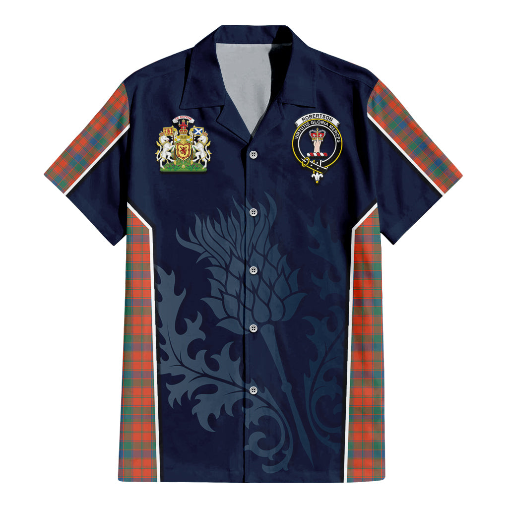 Tartan Vibes Clothing Robertson Ancient Tartan Short Sleeve Button Up Shirt with Family Crest and Scottish Thistle Vibes Sport Style