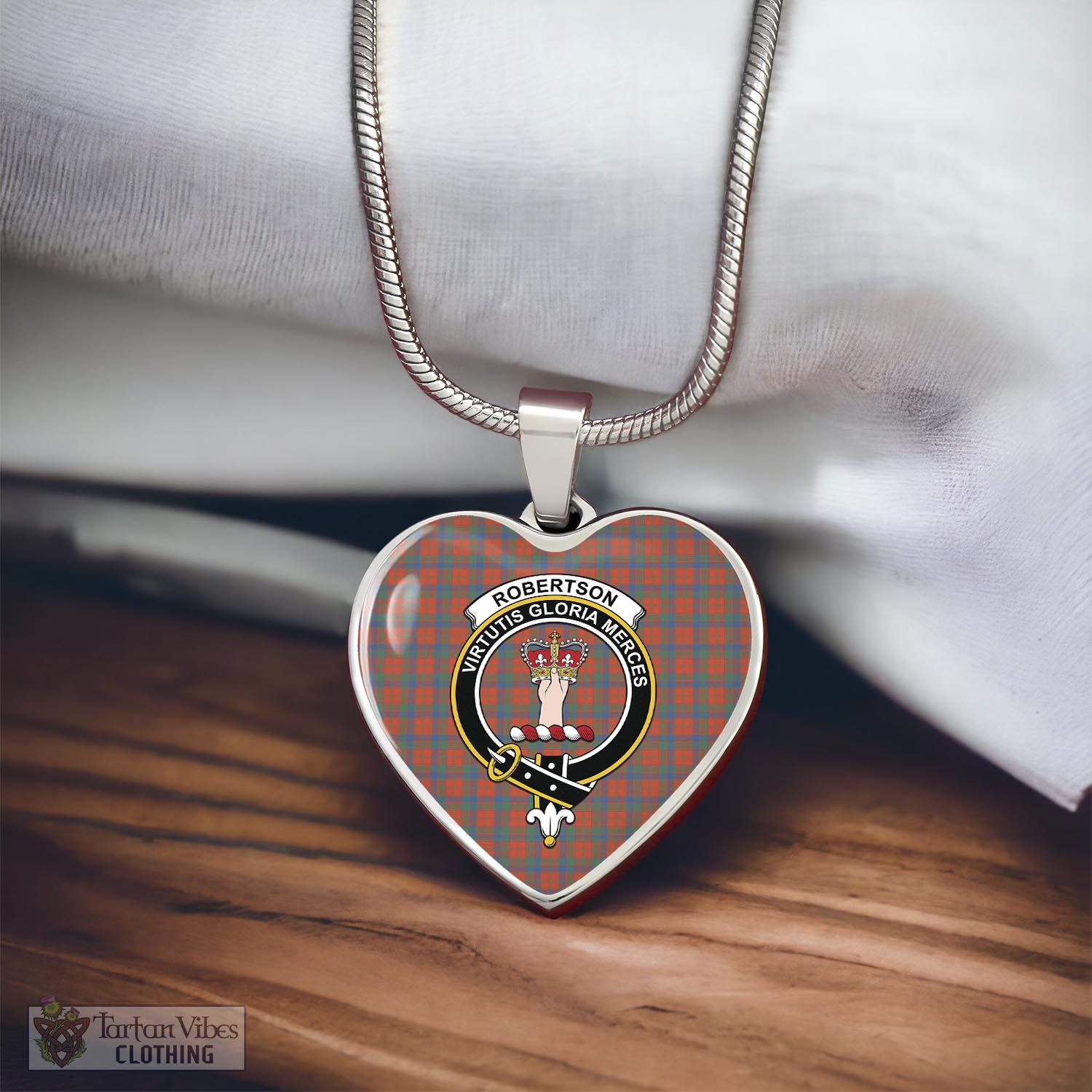 Tartan Vibes Clothing Robertson Ancient Tartan Heart Necklace with Family Crest