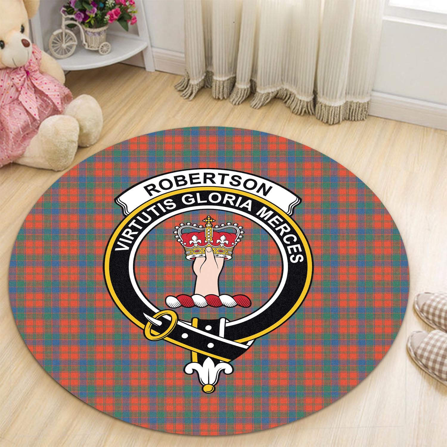 robertson-ancient-tartan-round-rug-with-family-crest