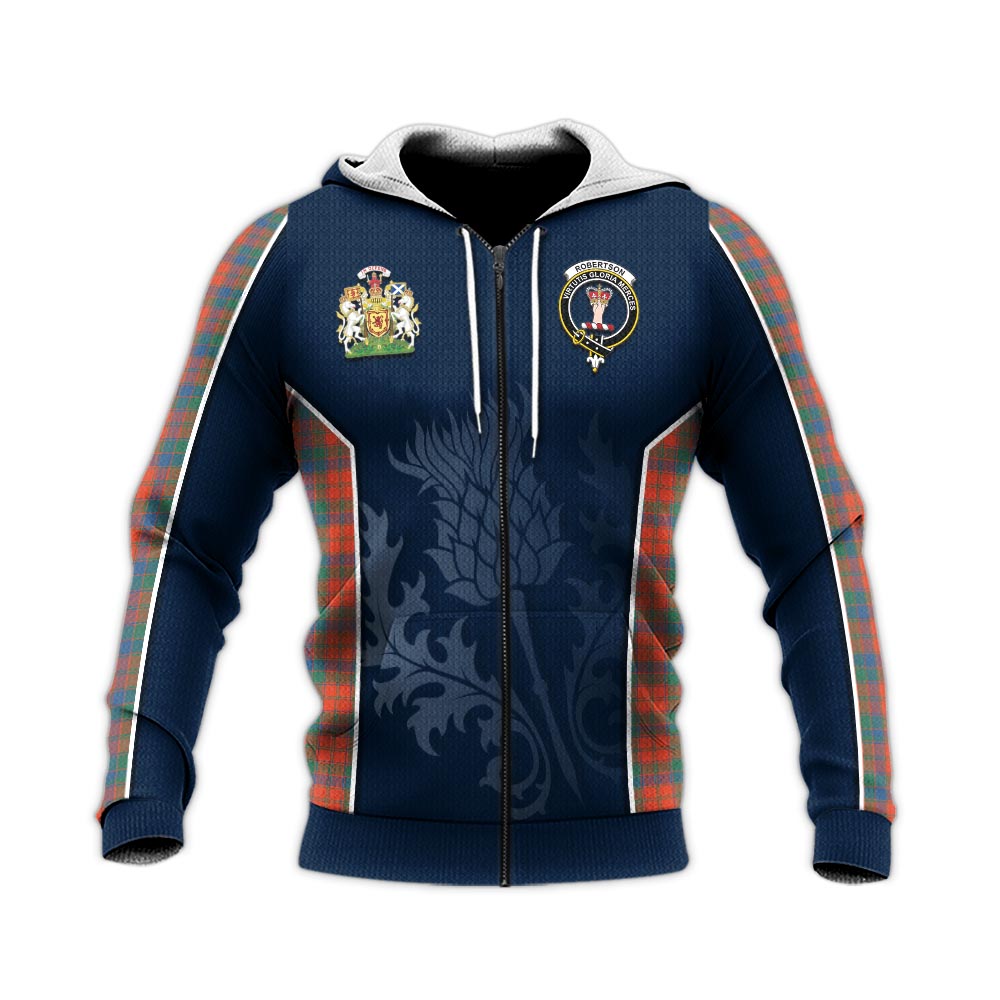 Tartan Vibes Clothing Robertson Ancient Tartan Knitted Hoodie with Family Crest and Scottish Thistle Vibes Sport Style